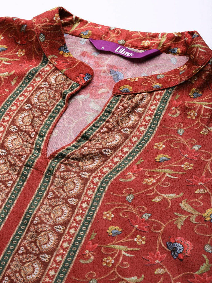 Red Printed Velvet Straight Kurta With Dupatta
