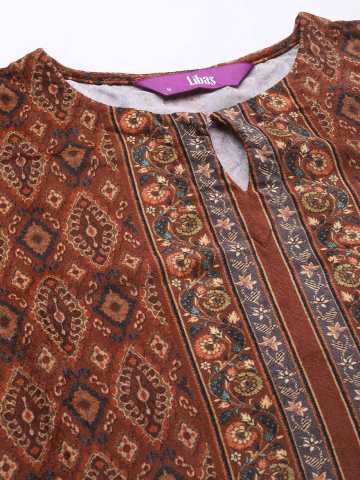 Red Printed Velvet Straight Kurta With Dupatta