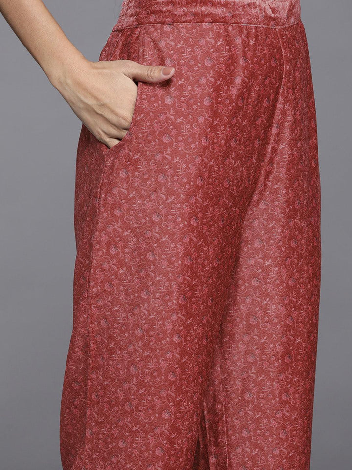 Red Printed Velvet Straight Kurta With Dupatta