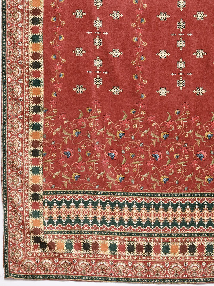 Red Printed Velvet Straight Kurta With Dupatta