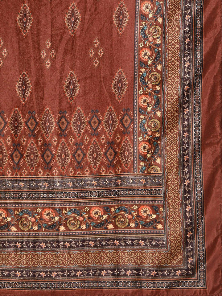 Red Printed Velvet Straight Kurta With Dupatta