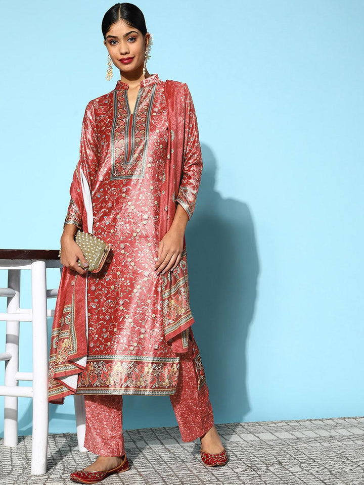 Red Printed Velvet Straight Suit Set