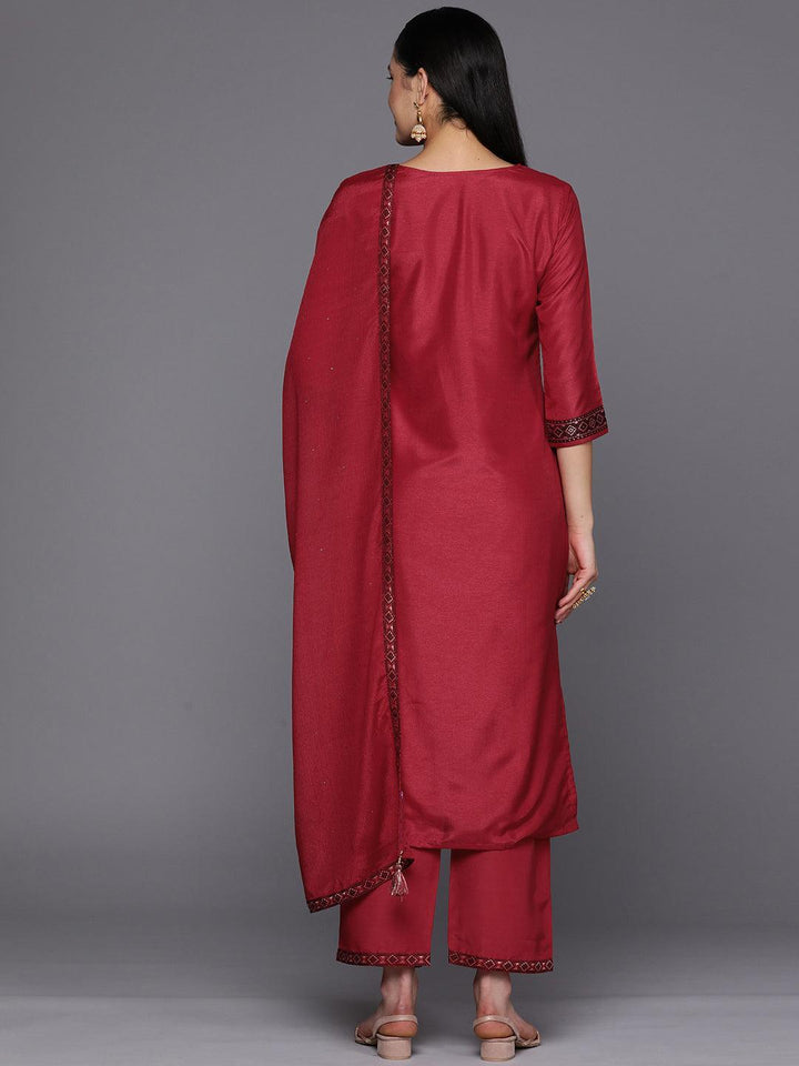 Red Self Design Silk Blend Straight Suit Set With Trousers