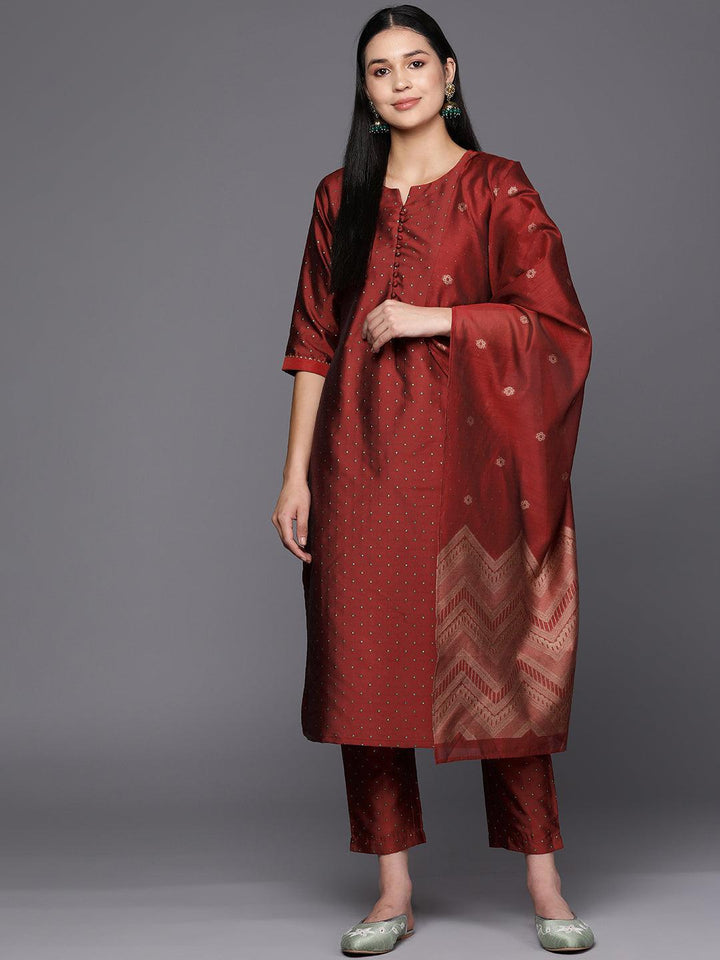Red Woven Design Art Silk Straight Suit Set With Trousers