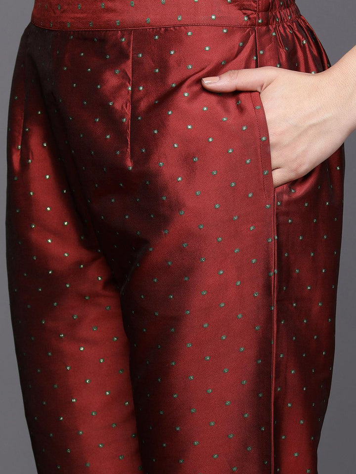 Red Woven Design Art Silk Straight Suit Set With Trousers