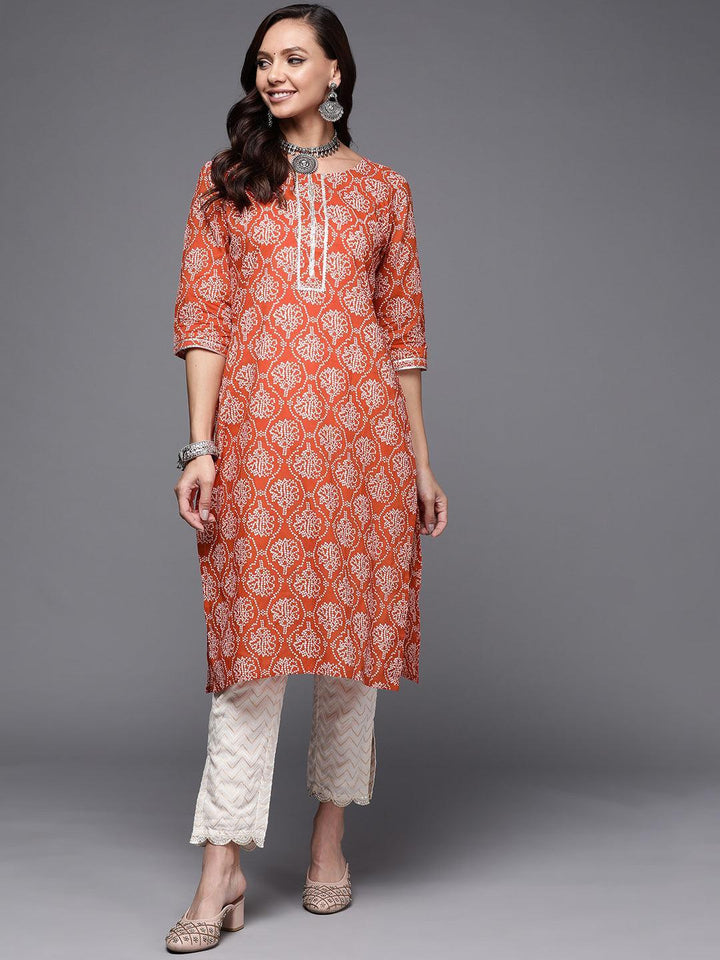 Rust Printed Cotton Straight Kurta