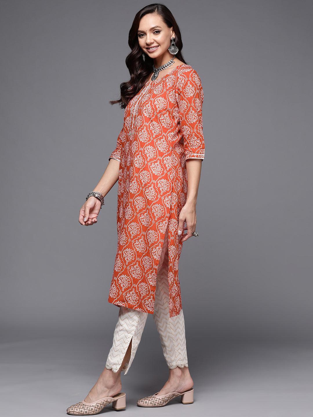 Rust Printed Cotton Straight Kurta - ShopLibas
