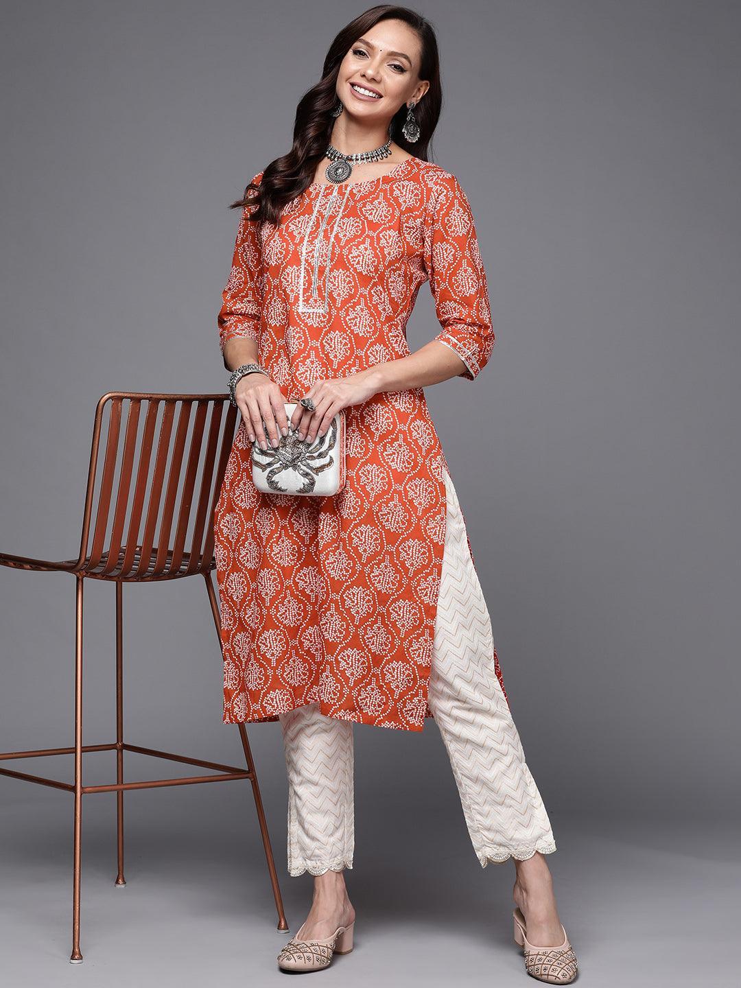 Rust Printed Cotton Straight Kurta - ShopLibas