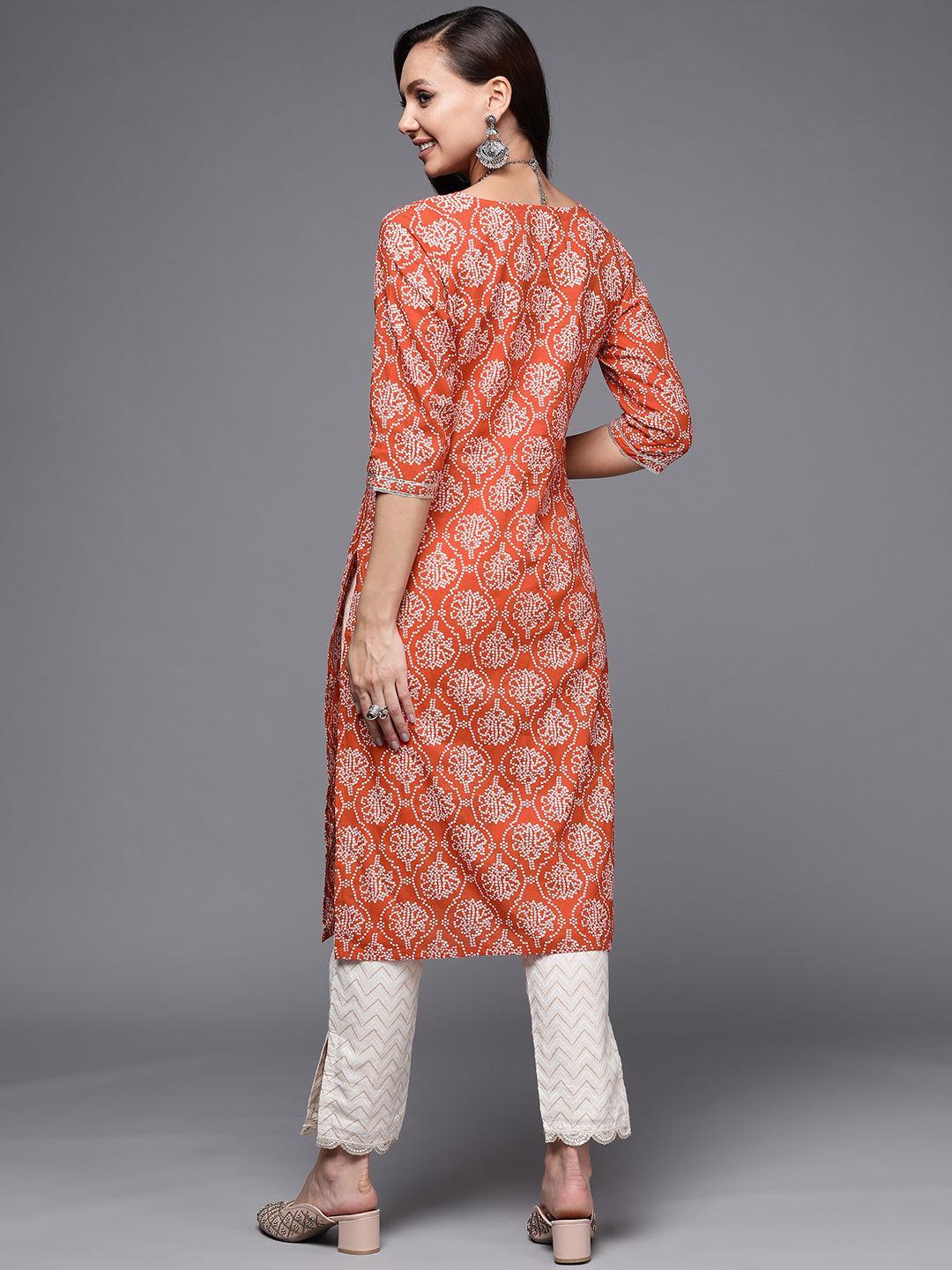 Rust Printed Cotton Straight Kurta - ShopLibas