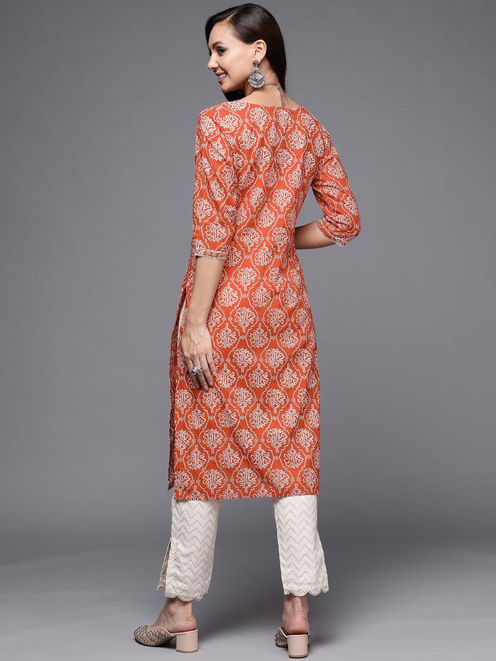 Rust Printed Cotton Straight Kurta