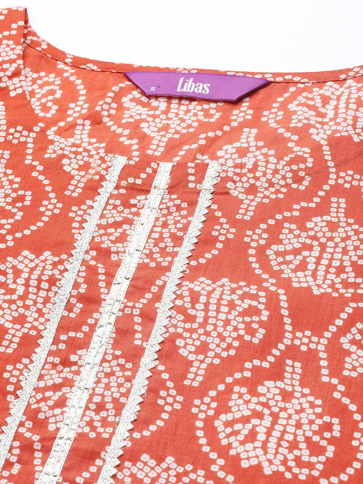 Rust Printed Cotton Straight Kurta