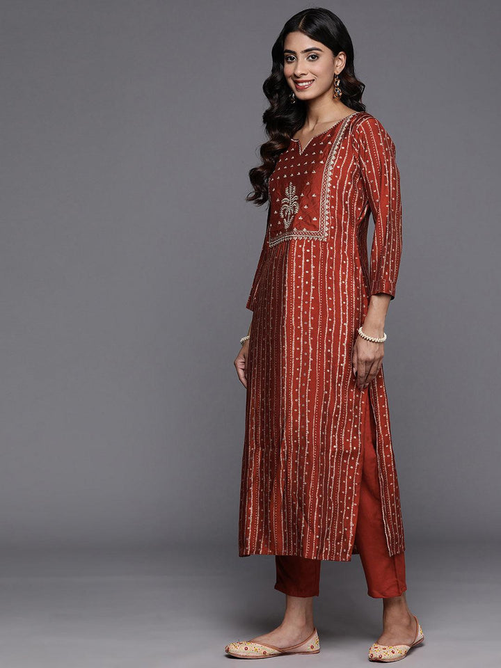 Rust Printed Silk Blend Straight Kurta With Trousers & Dupatta
