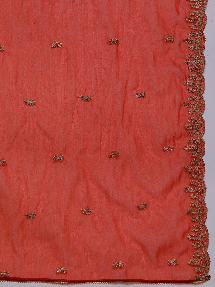 Rust Printed Silk Blend Straight Kurta With Trousers & Dupatta