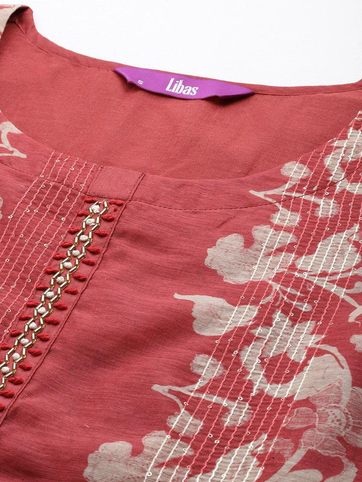 Rust Printed Silk Blend Straight Kurta With Trousers