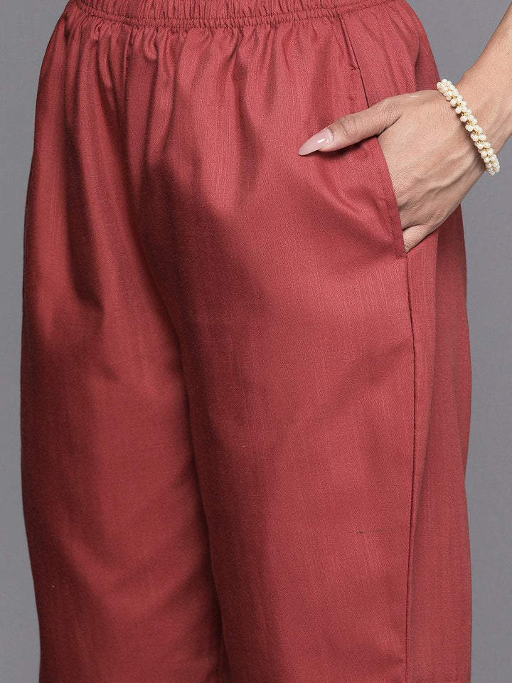 Rust Printed Silk Blend Straight Kurta With Trousers