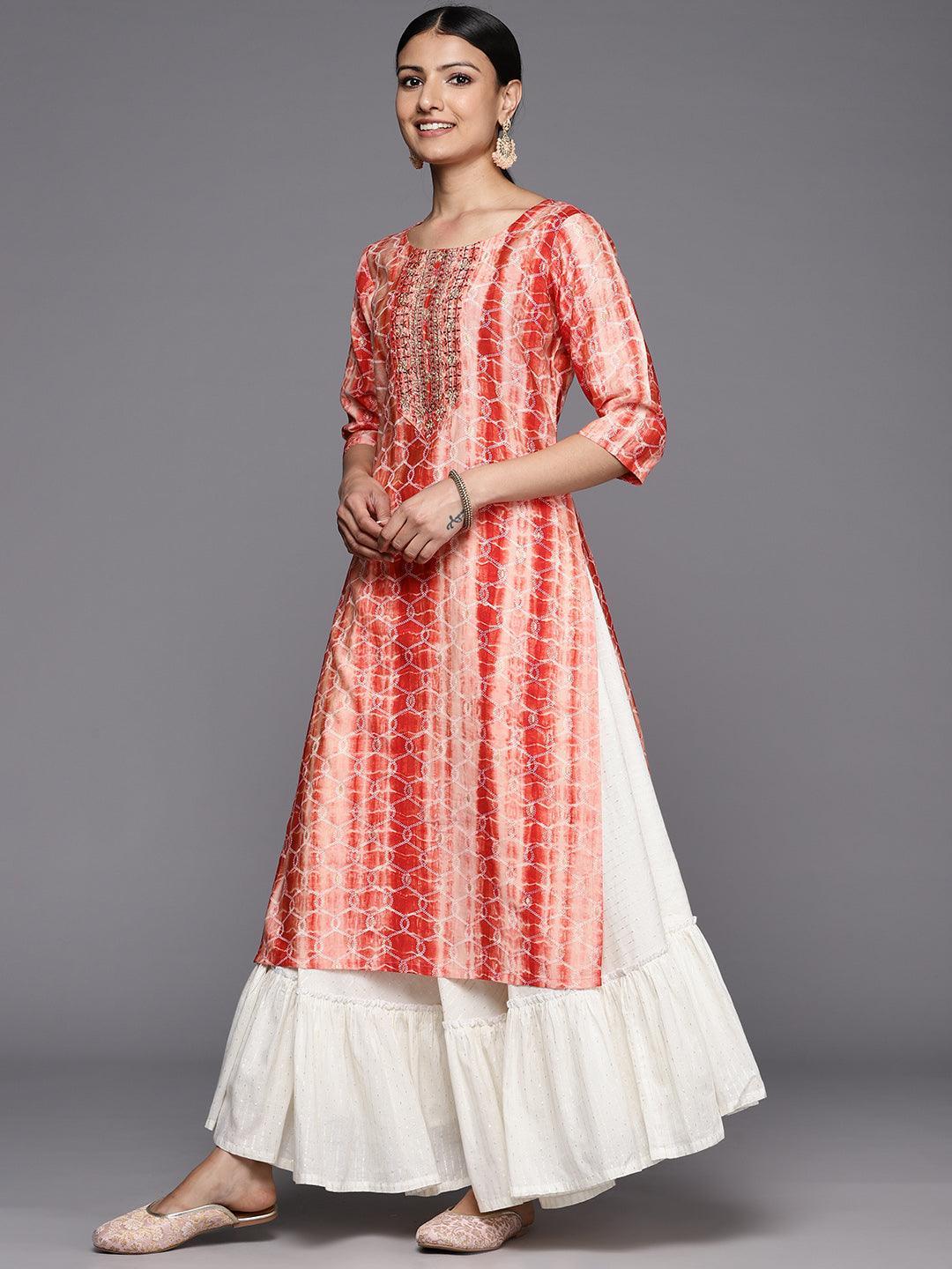 Rust Printed Silk Straight Kurta - ShopLibas