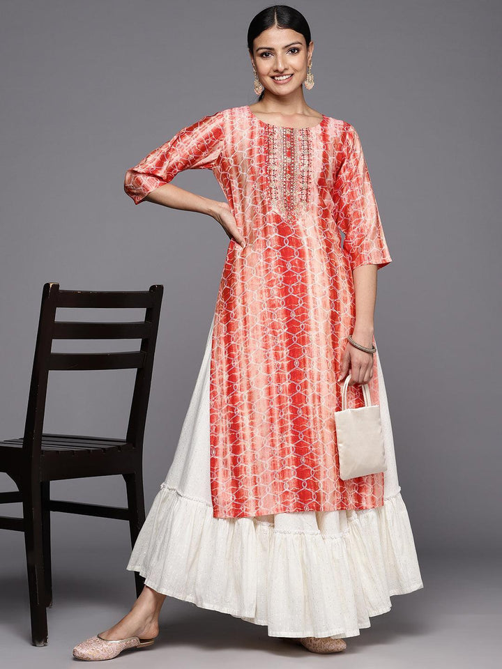 Rust Printed Silk Straight Kurta