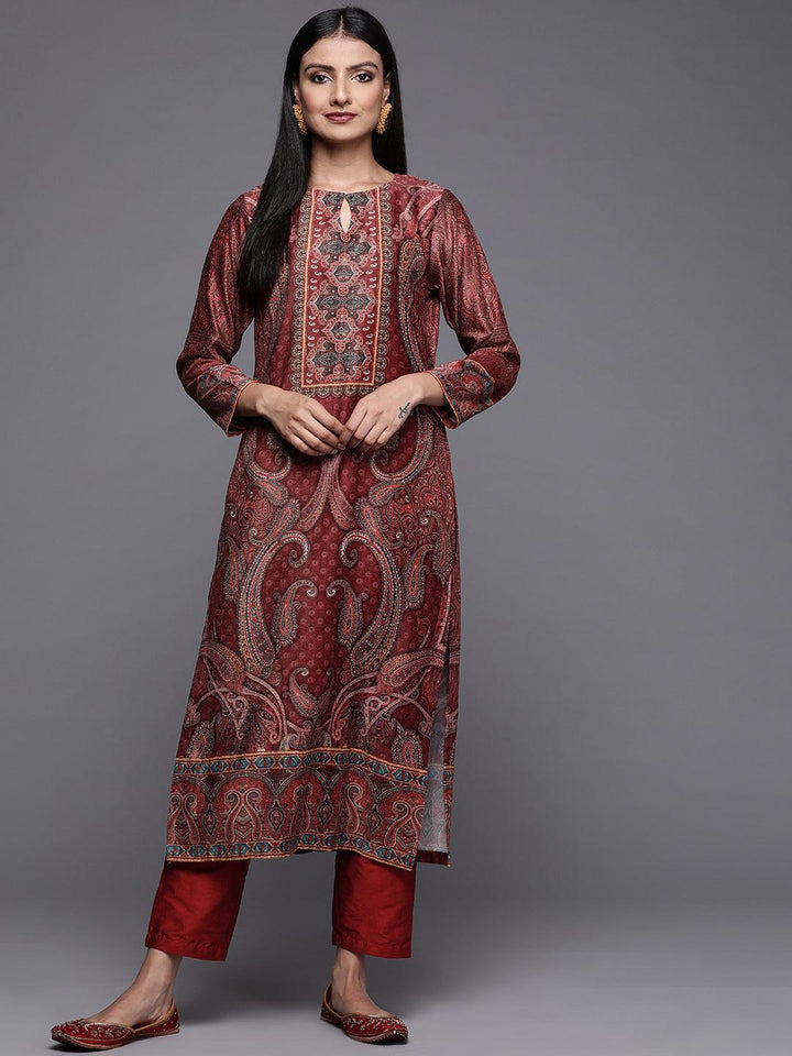 Rust Printed Velvet Straight Kurta