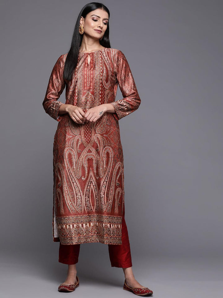 Rust Printed Velvet Straight Kurta