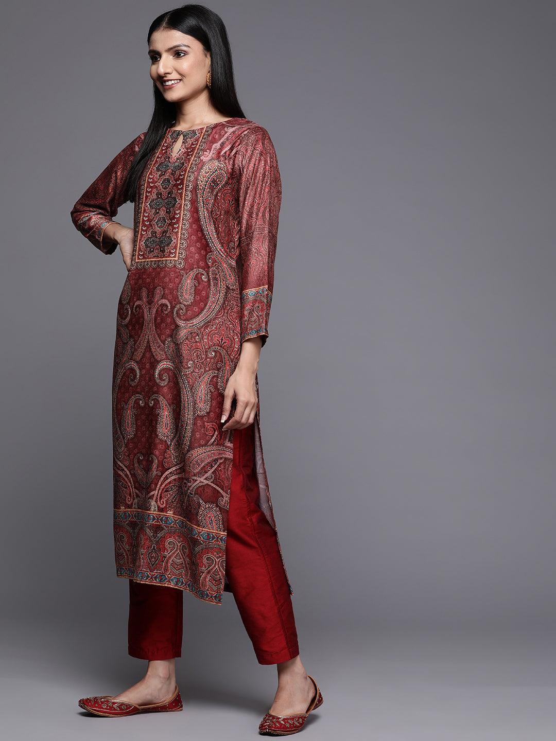 Rust Printed Velvet Straight Kurta - Libas