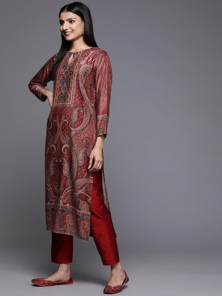 Rust Printed Velvet Straight Kurta