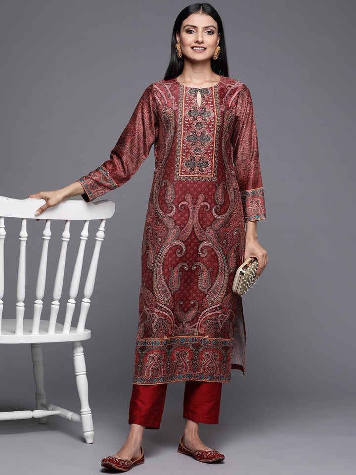 Rust Printed Velvet Straight Kurta