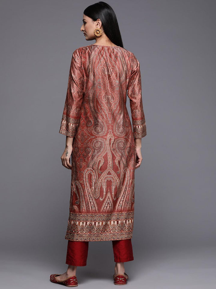 Rust Printed Velvet Straight Kurta