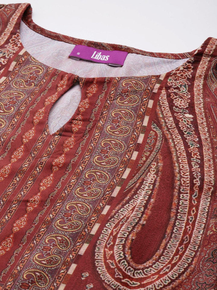 Rust Printed Velvet Straight Kurta