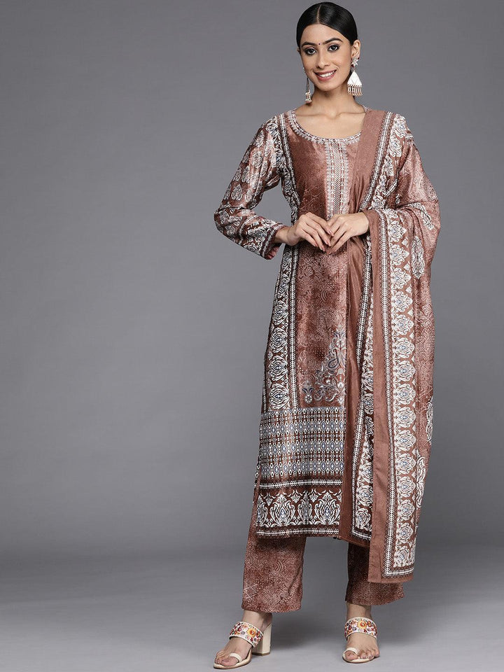 Rust Printed Velvet Straight Kurta With Dupatta