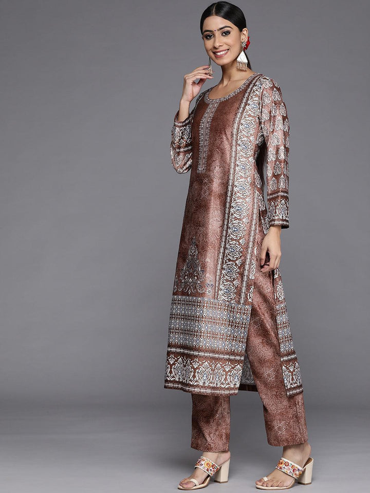 Rust Printed Velvet Straight Kurta With Dupatta