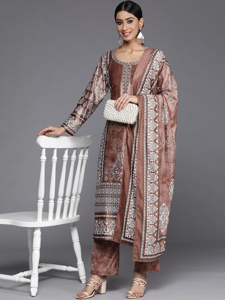Rust Printed Velvet Straight Kurta With Dupatta