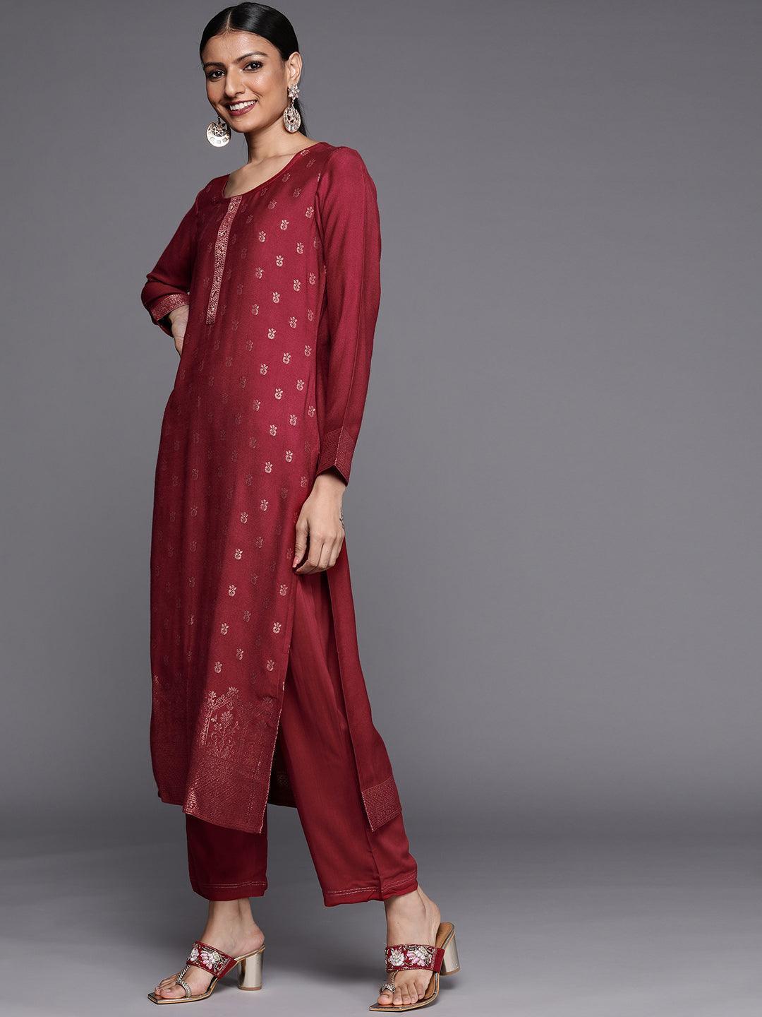 Rust Self Design Pashmina Wool Straight Suit Set - ShopLibas