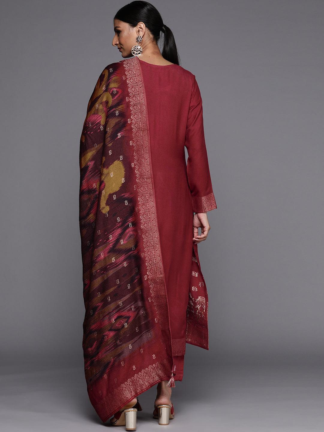 Rust Self Design Pashmina Wool Straight Suit Set - ShopLibas