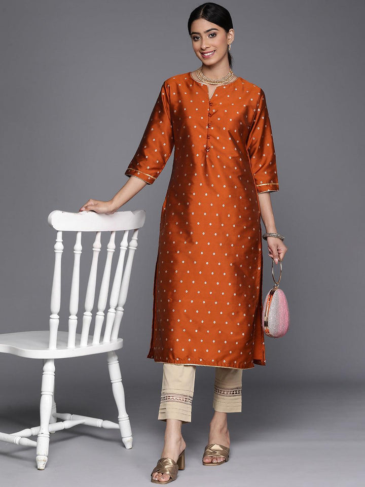 Rust Woven Design Art Silk Straight Kurta