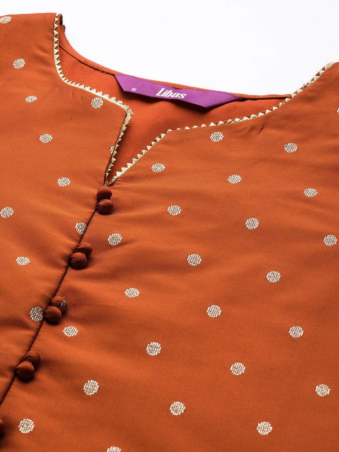 Rust Woven Design Art Silk Straight Kurta - ShopLibas