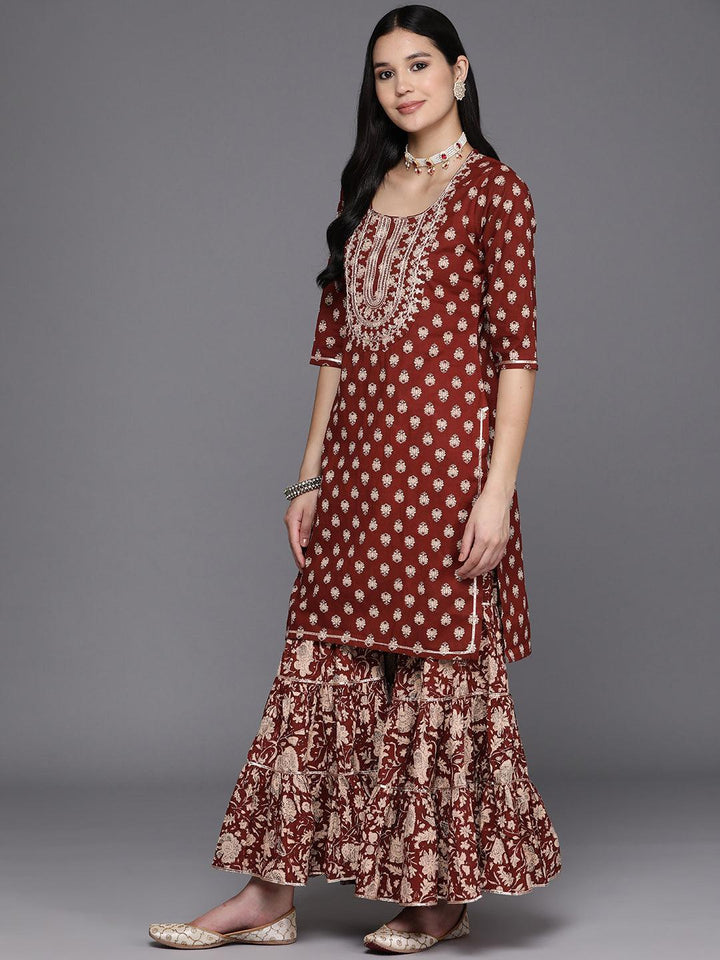 Rust Yoke Design Cotton Straight Kurta With Sharara & Dupatta