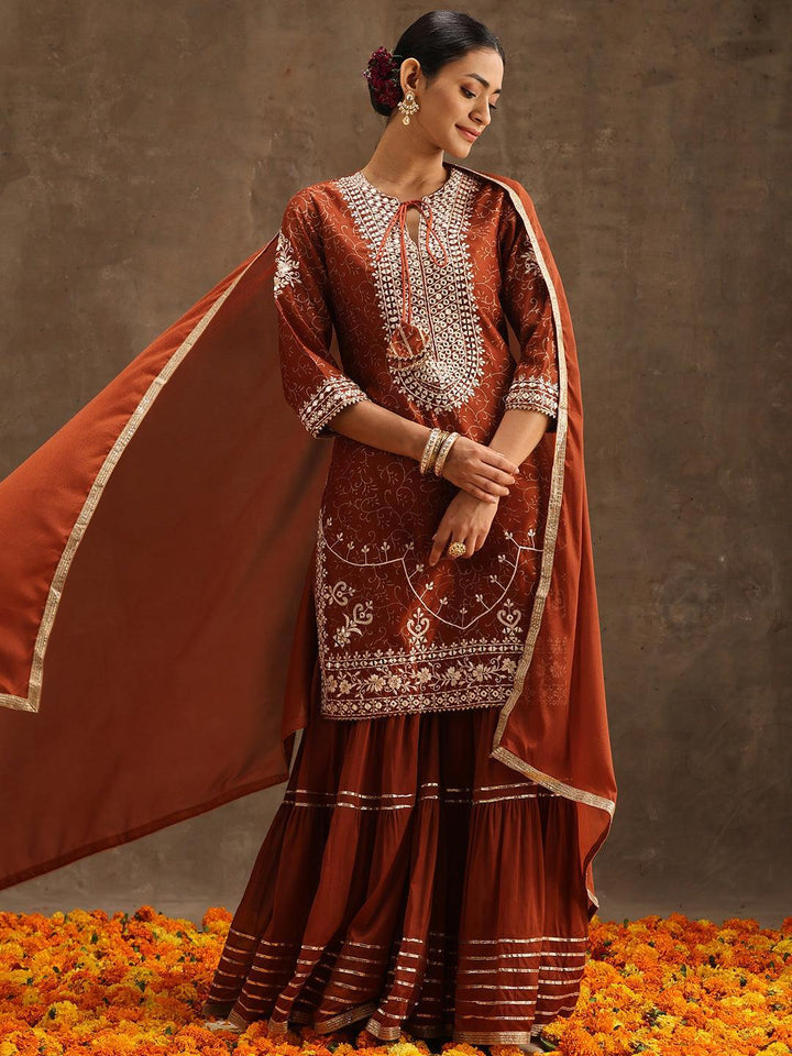 Rust Yoke Design Silk Blend Suit Set With Sharara