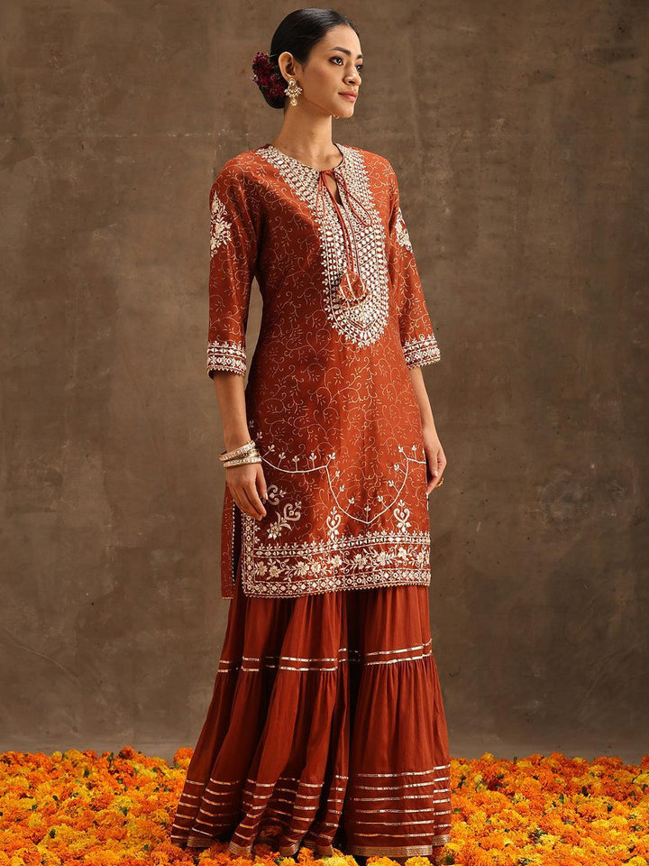 Rust Yoke Design Silk Blend Suit Set With Sharara