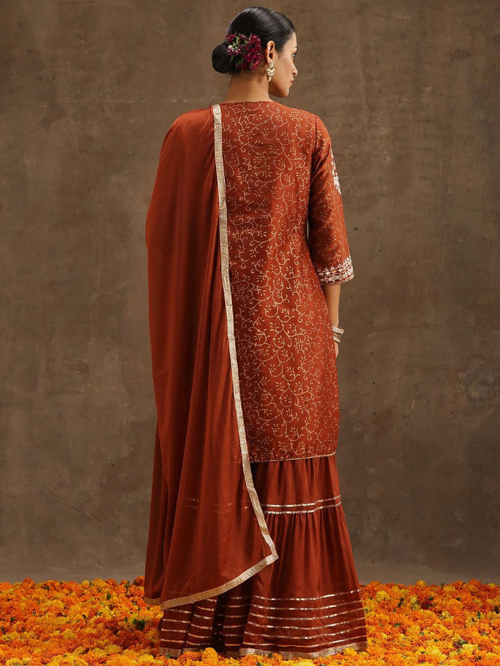 Rust Yoke Design Silk Blend Suit Set With Sharara