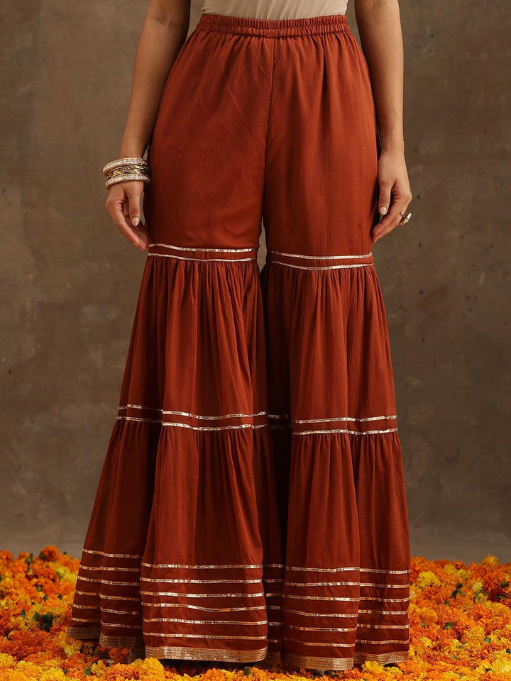 Rust Yoke Design Silk Blend Suit Set With Sharara