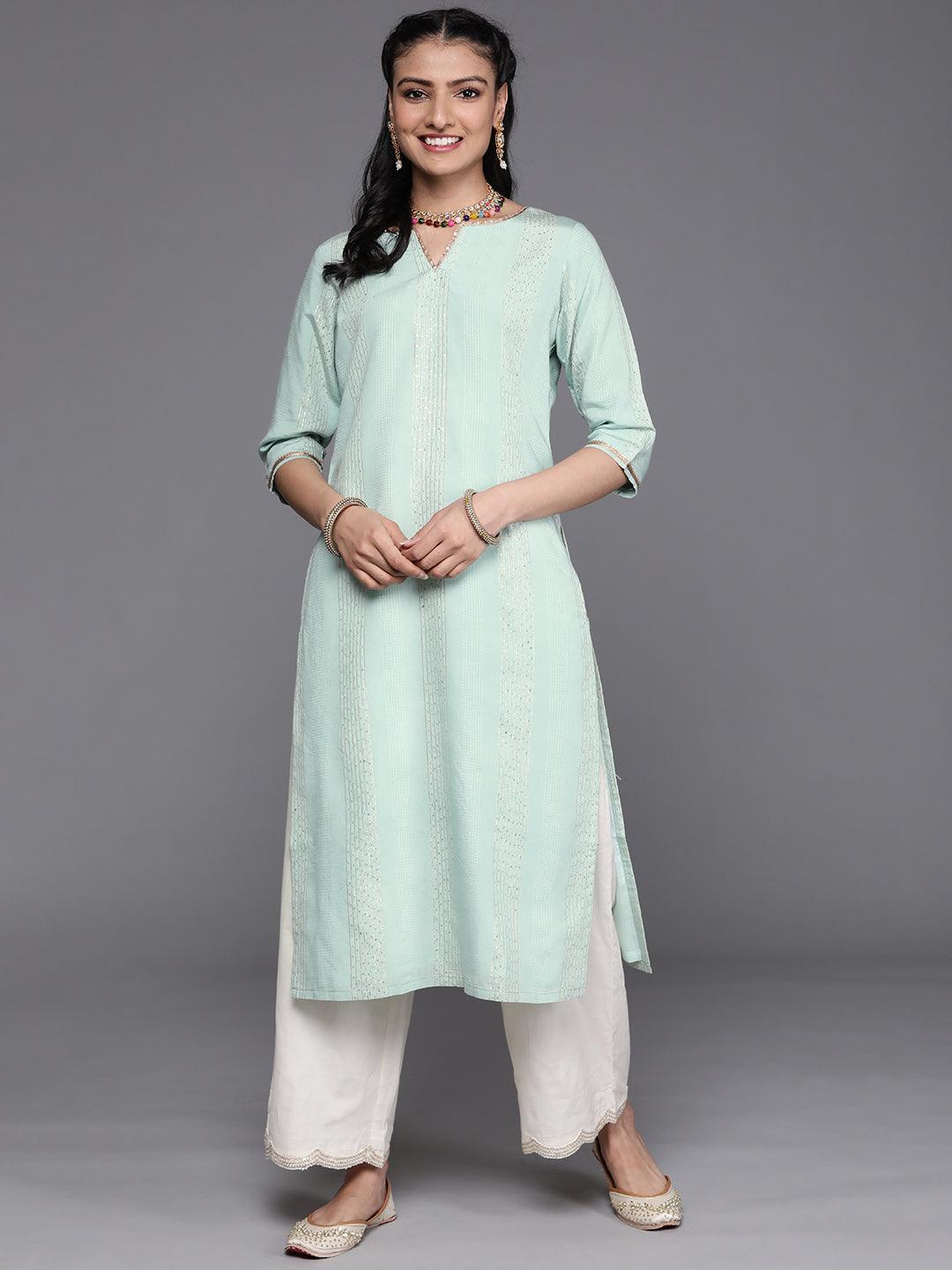 Sea Green Embellished Chanderi Silk Kurta - ShopLibas