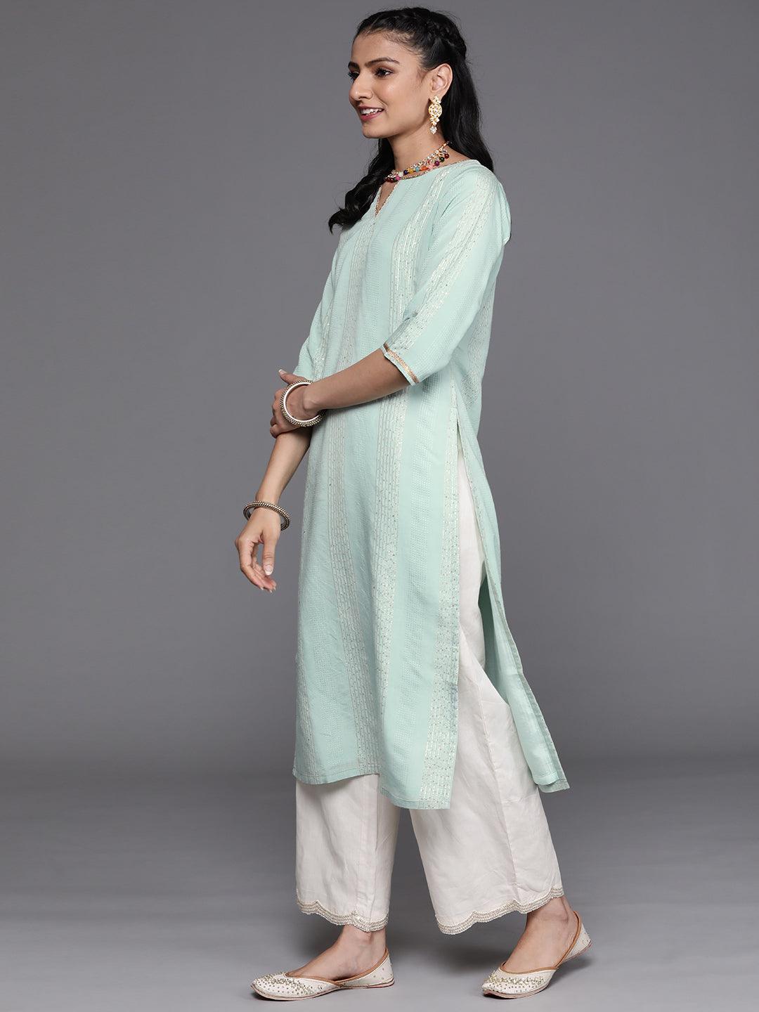 Sea Green Embellished Chanderi Silk Kurta - ShopLibas