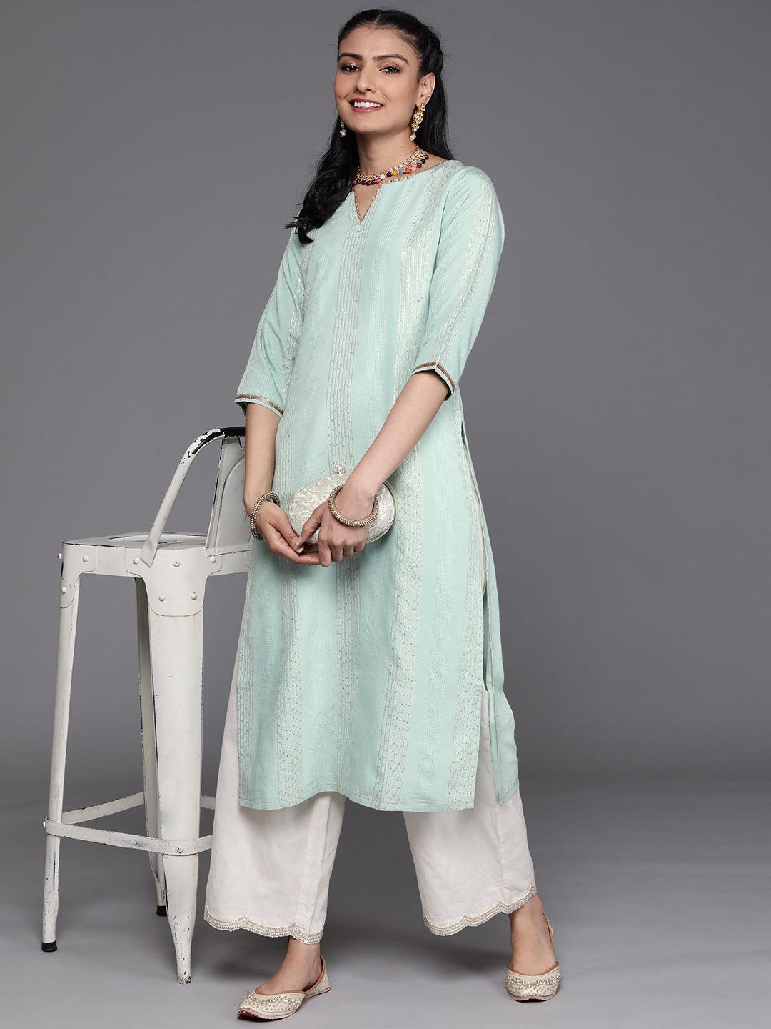 Sea Green Embellished Chanderi Silk Kurta - ShopLibas