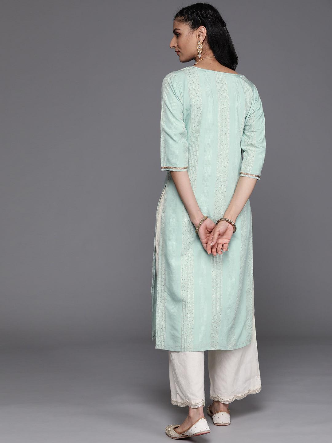 Sea Green Embellished Chanderi Silk Kurta - ShopLibas