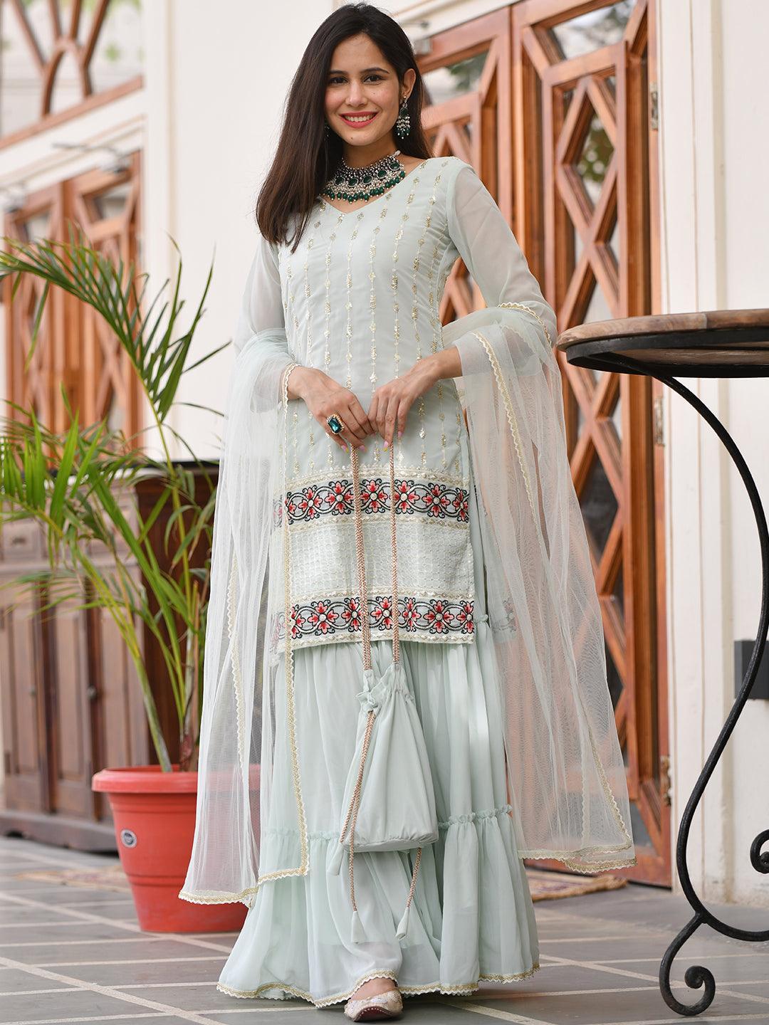 Sea Green Embroidered Georgette Kurta Set - ShopLibas