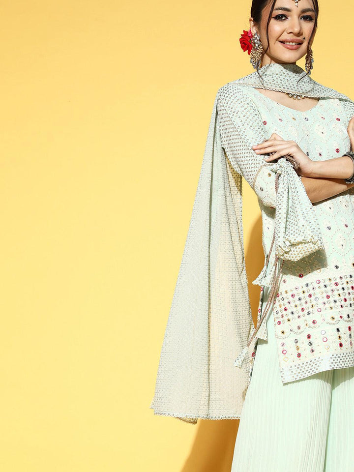 Sea Green Embroidered Georgette Kurta Set