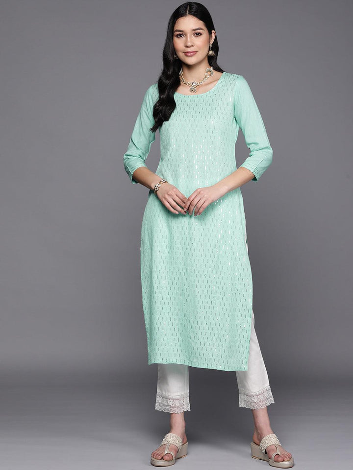 Sea Green Embroidered Rayon Straight Kurta