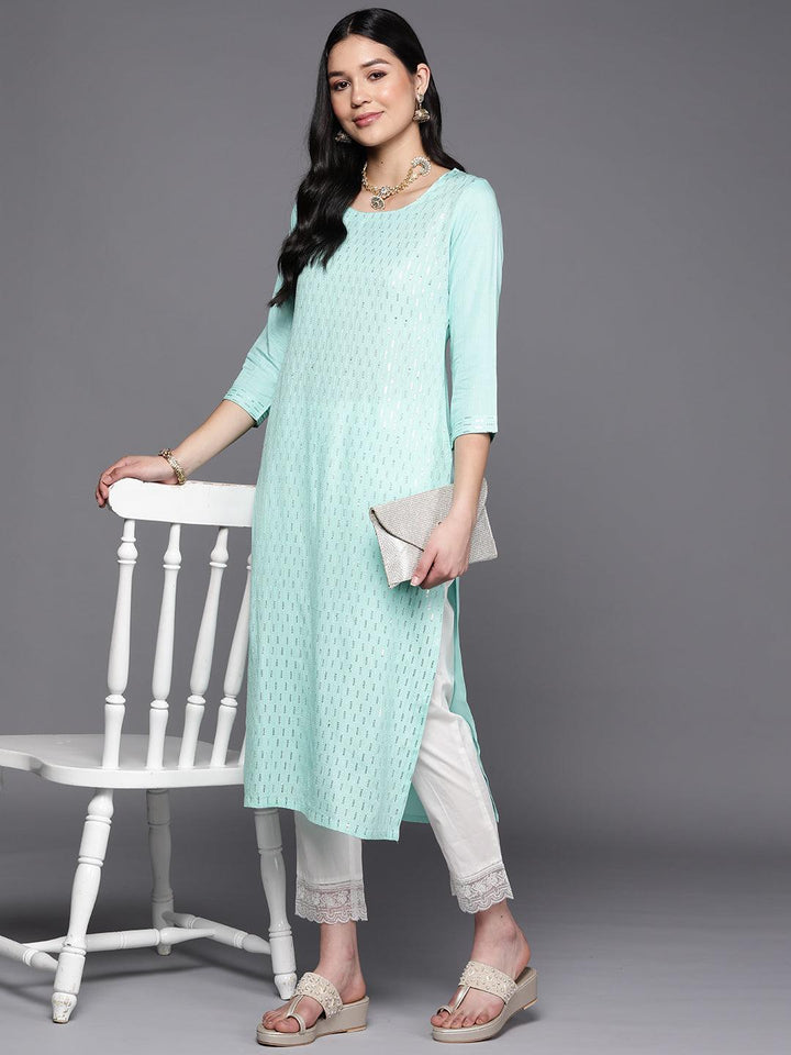 Sea Green Embroidered Rayon Straight Kurta