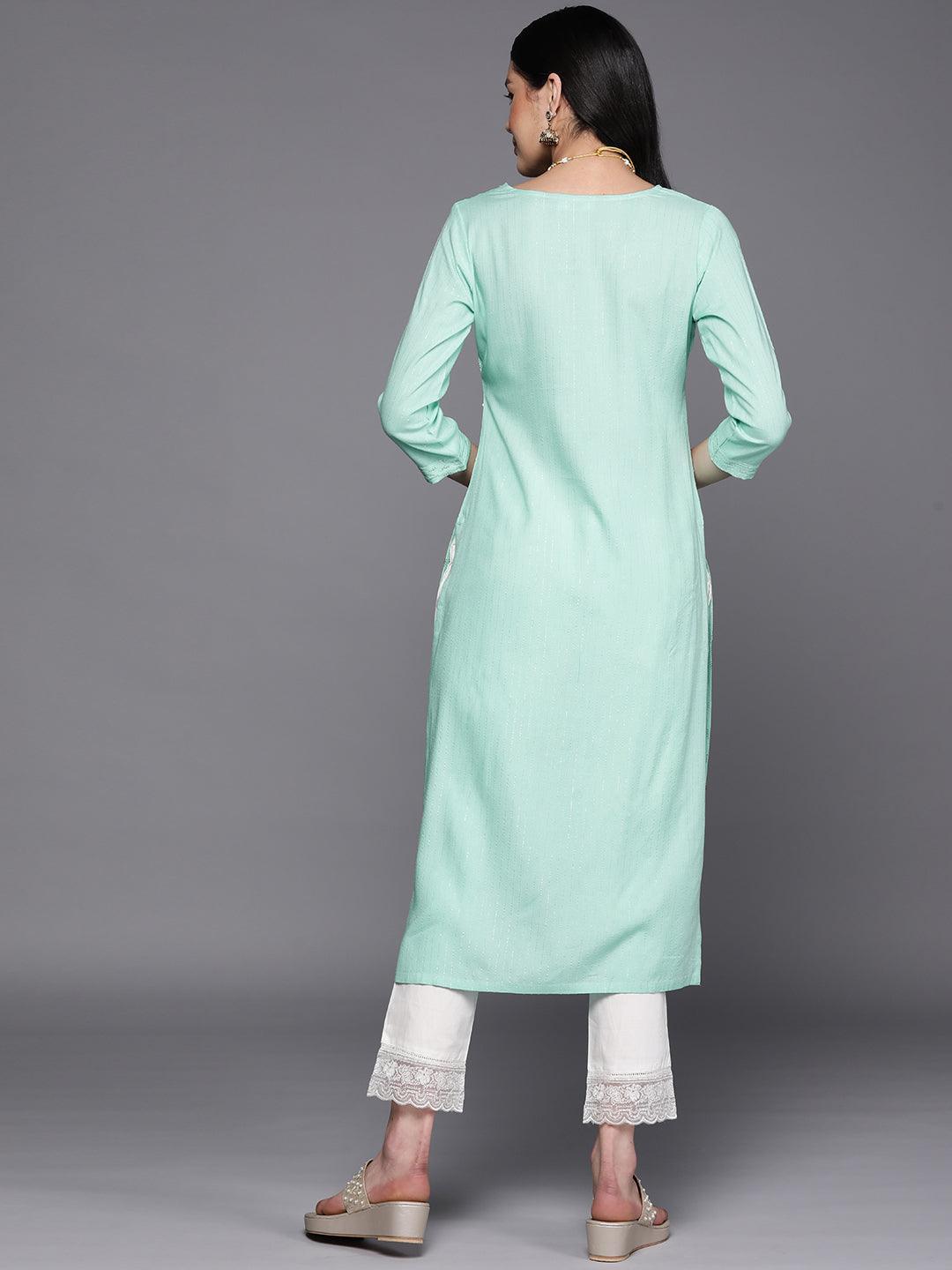 Sea Green Embroidered Rayon Straight Kurta - ShopLibas