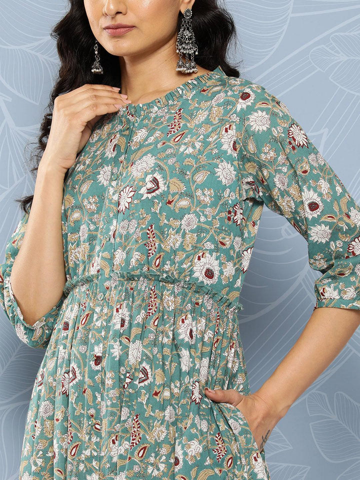 Sea Green Printed Cotton Fit and Flare Dress